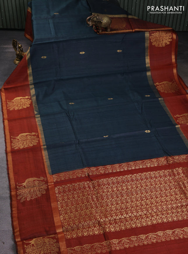 Pure dupion silk saree peacock green and rust shade with zari woven buttas and rettapet zari woven butta border