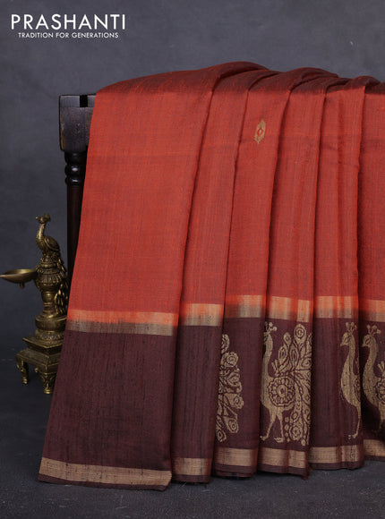 Pure dupion silk saree orange and coffee brown with zari woven buttas and rettapet zari woven butta border