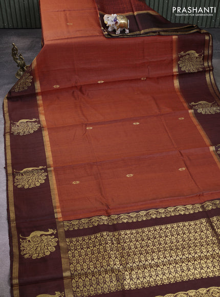 Pure dupion silk saree orange and coffee brown with zari woven buttas and rettapet zari woven butta border