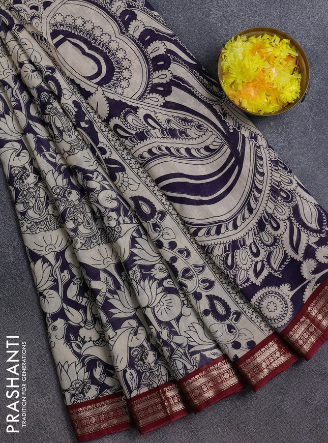 Muslin silk saree deep violet and maroon with allover pichwai prints and zari woven border