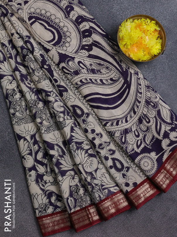 Muslin silk saree deep violet and maroon with allover pichwai prints and zari woven border