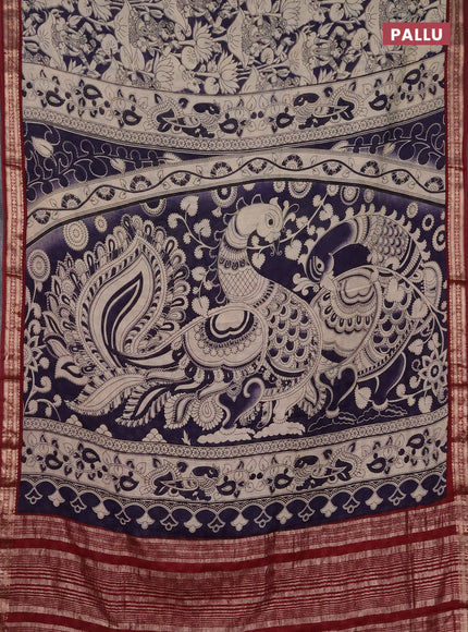Muslin silk saree deep violet and maroon with allover pichwai prints and zari woven border