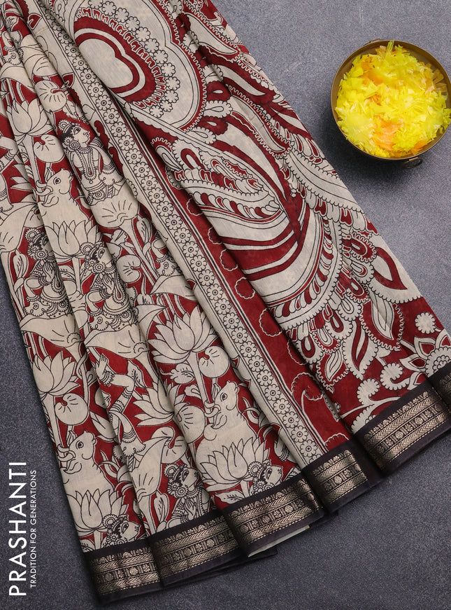 Muslin silk saree maroon and black with allover pichwai prints and zari woven border