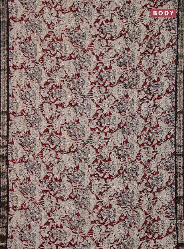 Muslin silk saree maroon and black with allover pichwai prints and zari woven border