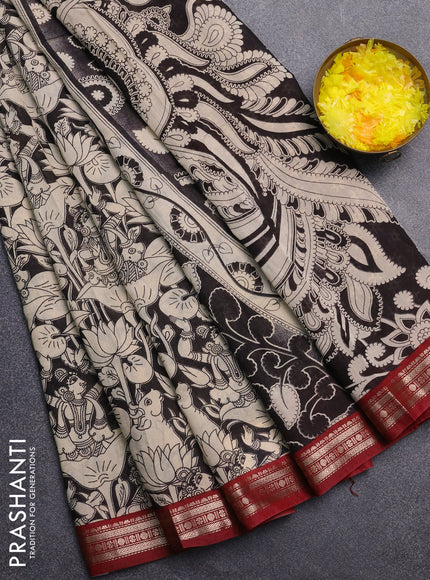 Muslin silk saree black and maroon with allover pichwai prints and zari woven border