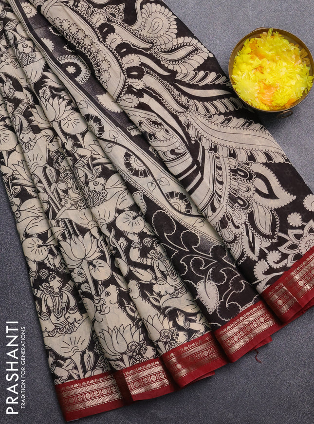 Muslin silk saree black and maroon with allover pichwai prints and zari woven border