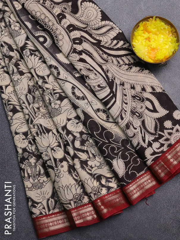 Muslin silk saree black and maroon with allover pichwai prints and zari woven border