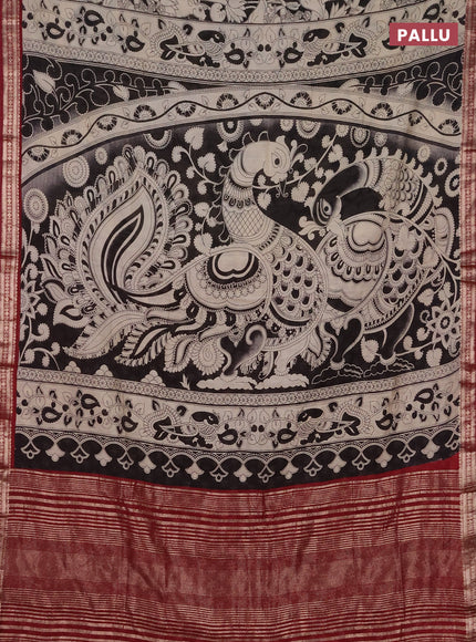 Muslin silk saree black and maroon with allover pichwai prints and zari woven border