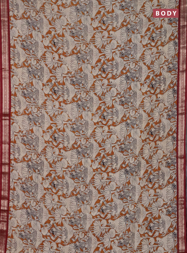 Muslin silk saree dark mustard and maroon with allover pichwai prints and zari woven border