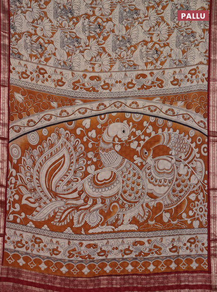 Muslin silk saree dark mustard and maroon with allover pichwai prints and zari woven border