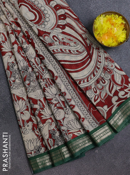 Muslin silk saree rustic maroon and green with allover pichwai prints and zari woven border