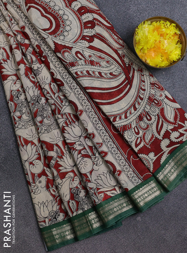 Muslin silk saree rustic maroon and green with allover pichwai prints and zari woven border