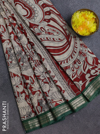 Muslin silk saree rustic maroon and green with allover pichwai prints and zari woven border