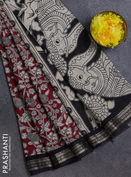 Muslin silk saree maroon and black with allover kalamkari prints and zari woven border