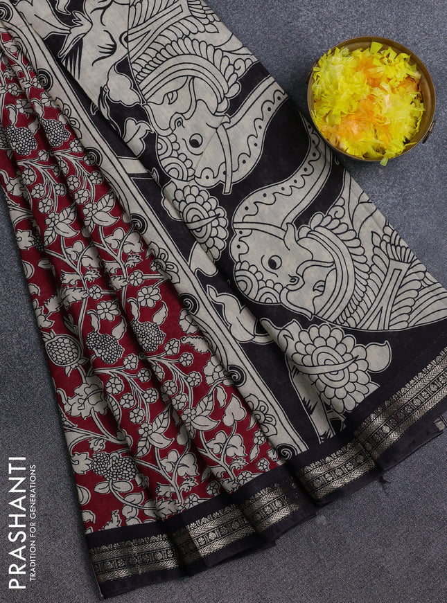 Muslin silk saree maroon and black with allover kalamkari prints and zari woven border