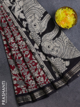 Muslin silk saree maroon and black with allover kalamkari prints and zari woven border