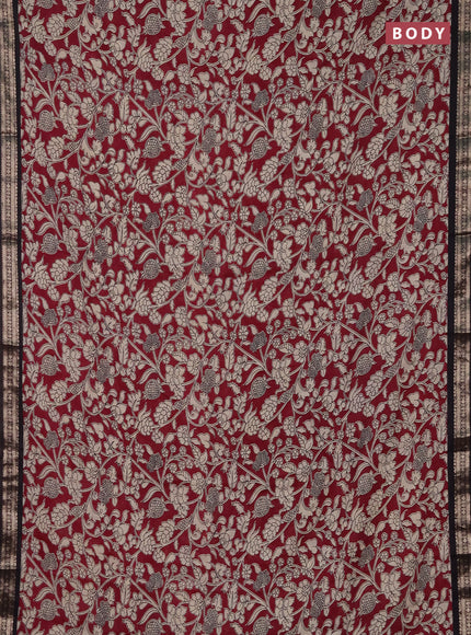 Muslin silk saree maroon and black with allover kalamkari prints and zari woven border