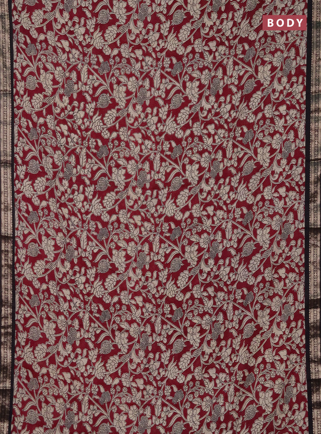 Muslin silk saree maroon and black with allover kalamkari prints and zari woven border