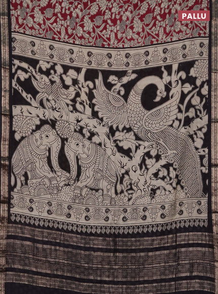 Muslin silk saree maroon and black with allover kalamkari prints and zari woven border