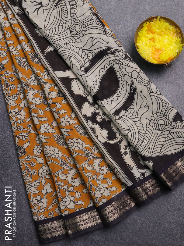 Muslin silk saree mustard yellow and black with allover kalamkari prints and zari woven border
