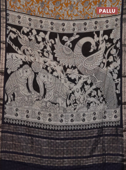 Muslin silk saree mustard yellow and black with allover kalamkari prints and zari woven border