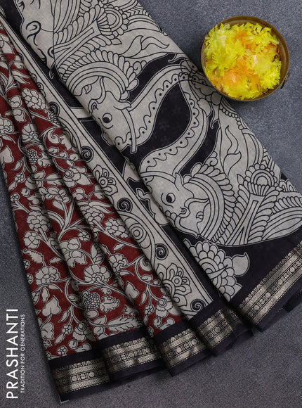 Muslin silk saree rustic maroon and black with allover kalamkari prints and zari woven border