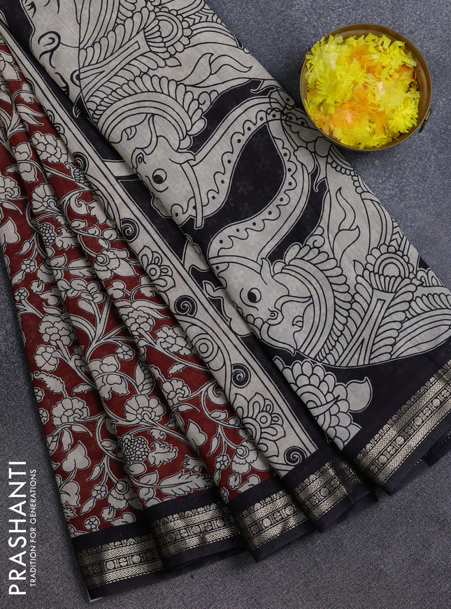 Muslin silk saree rustic maroon and black with allover kalamkari prints and zari woven border