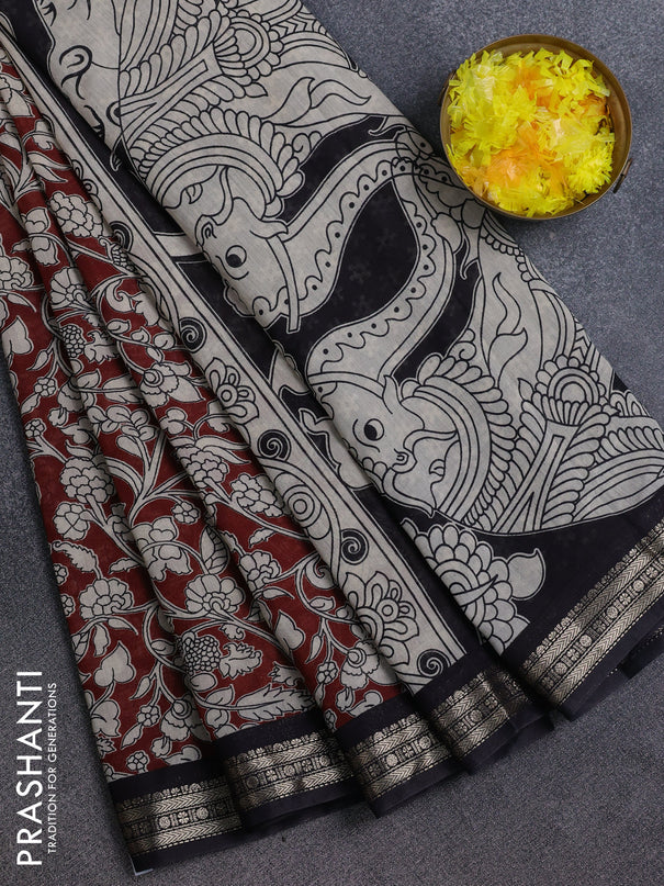 Muslin silk saree rustic maroon and black with allover kalamkari prints and zari woven border