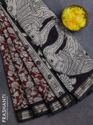 Muslin silk saree rustic maroon and black with allover kalamkari prints and zari woven border