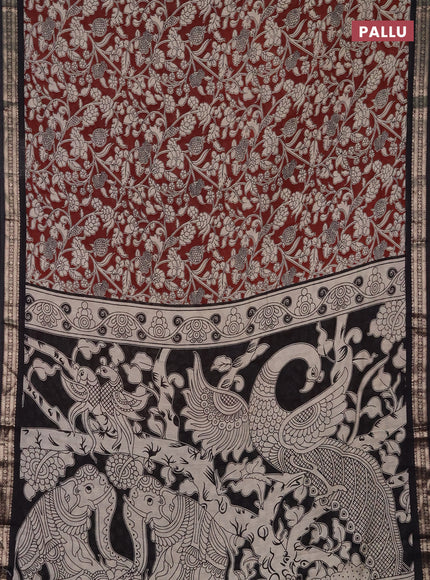 Muslin silk saree rustic maroon and black with allover kalamkari prints and zari woven border