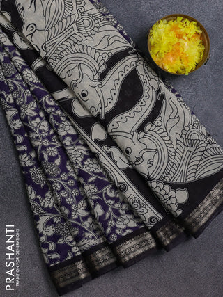 Muslin silk saree deep violet and black with allover kalamkari prints and zari woven border