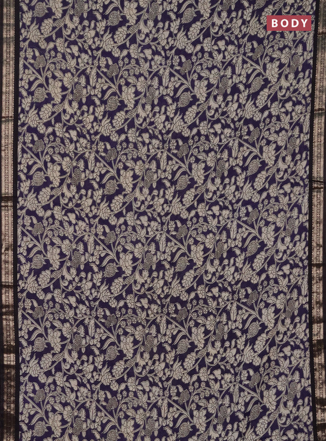 Muslin silk saree deep violet and black with allover kalamkari prints and zari woven border