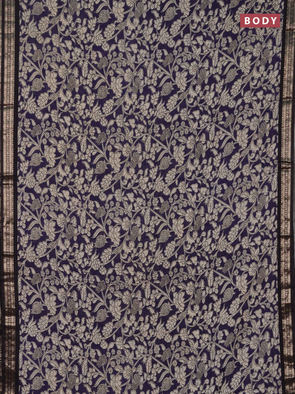 Muslin silk saree deep violet and black with allover kalamkari prints and zari woven border
