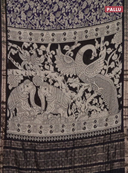 Muslin silk saree deep violet and black with allover kalamkari prints and zari woven border