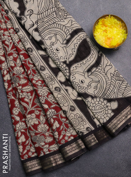 Muslin silk saree deep maroon and black with allover kalamkari prints and zari woven border