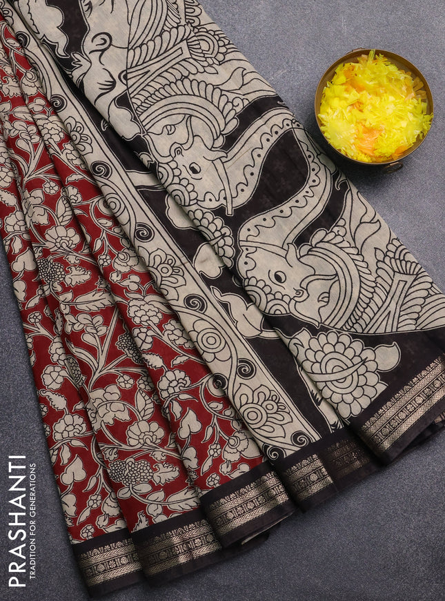 Muslin silk saree deep maroon and black with allover kalamkari prints and zari woven border