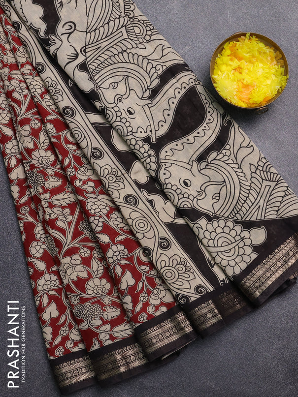 Muslin silk saree deep maroon and black with allover kalamkari prints and zari woven border