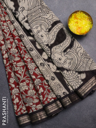 Muslin silk saree deep maroon and black with allover kalamkari prints and zari woven border
