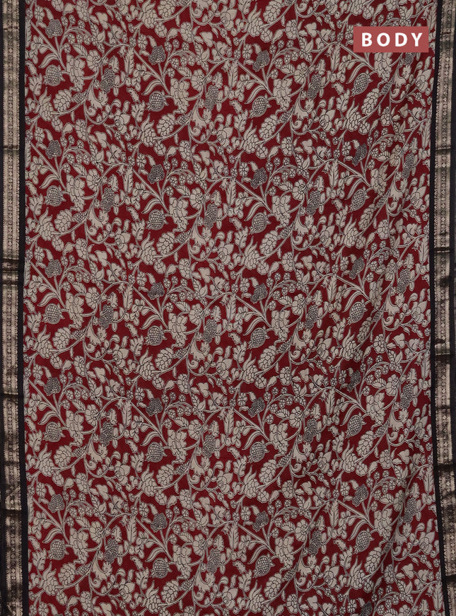 Muslin silk saree deep maroon and black with allover kalamkari prints and zari woven border
