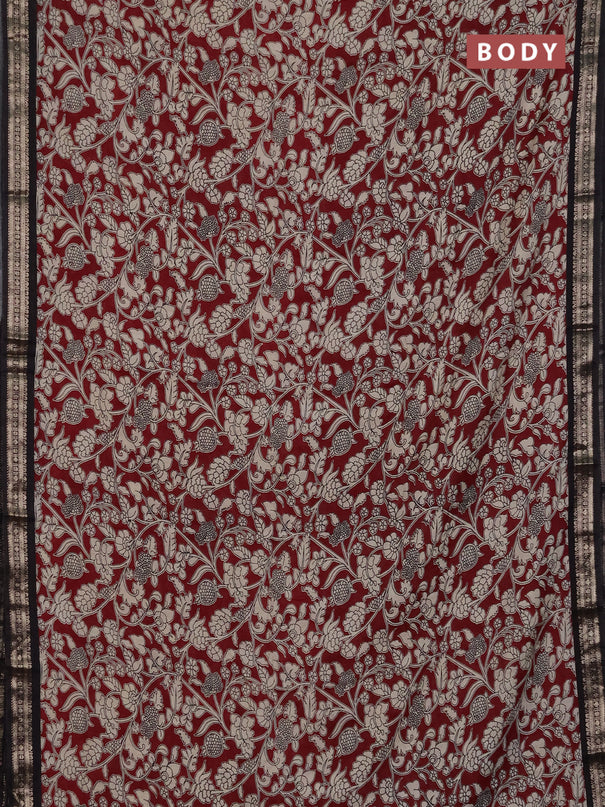 Muslin silk saree deep maroon and black with allover kalamkari prints and zari woven border
