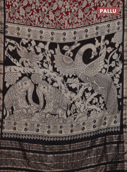 Muslin silk saree deep maroon and black with allover kalamkari prints and zari woven border