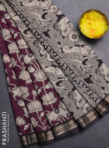 Muslin silk saree wine shade and black with allover pichwai prints and zari woven border