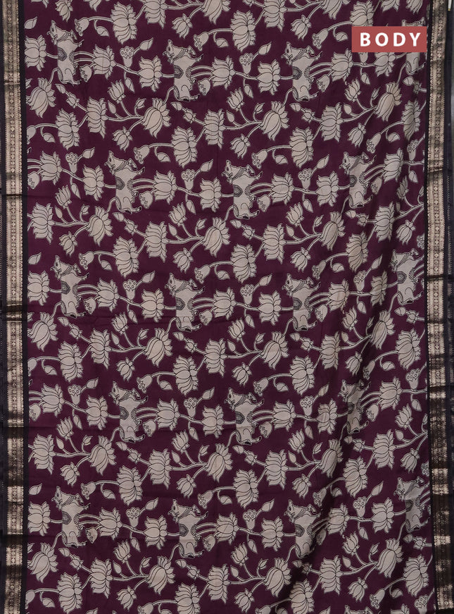 Muslin silk saree wine shade and black with allover pichwai prints and zari woven border