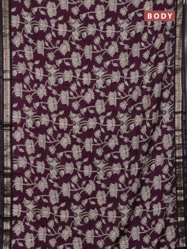 Muslin silk saree wine shade and black with allover pichwai prints and zari woven border