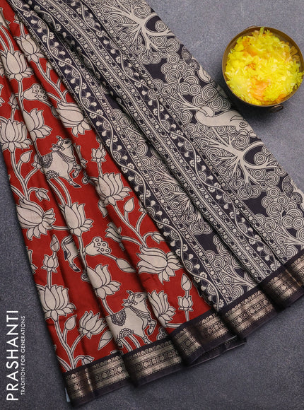 Muslin silk saree rustic maroon and black with allover pichwai prints and zari woven border