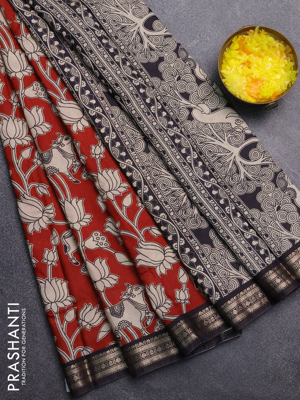 Muslin silk saree rustic maroon and black with allover pichwai prints and zari woven border