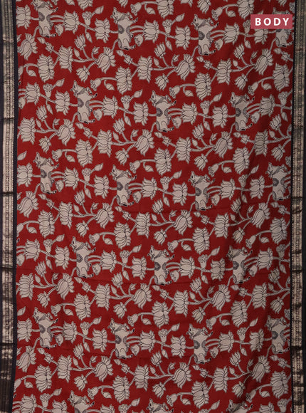 Muslin silk saree rustic maroon and black with allover pichwai prints and zari woven border