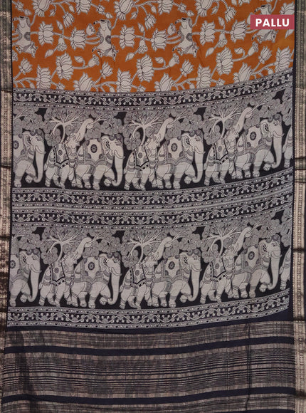 Muslin silk saree dark mustard and black with allover pichwai prints and zari woven border