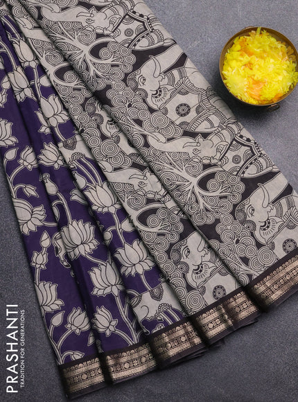 Muslin silk saree deep violet and black with allover pichwai prints and zari woven border