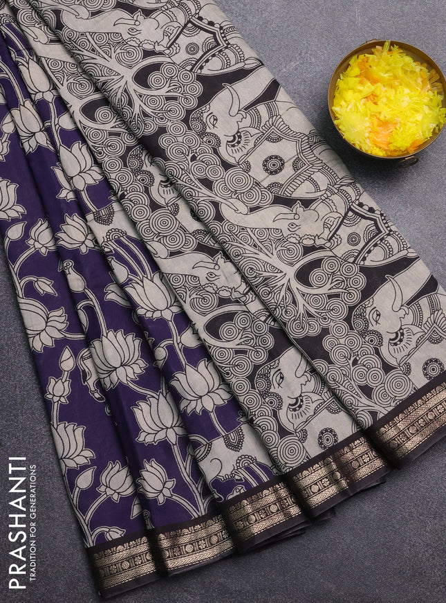 Muslin silk saree deep violet and black with allover pichwai prints and zari woven border